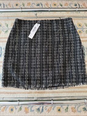DREW Black, Navy & Gray Tweed Fringe Mini Skirt NWT